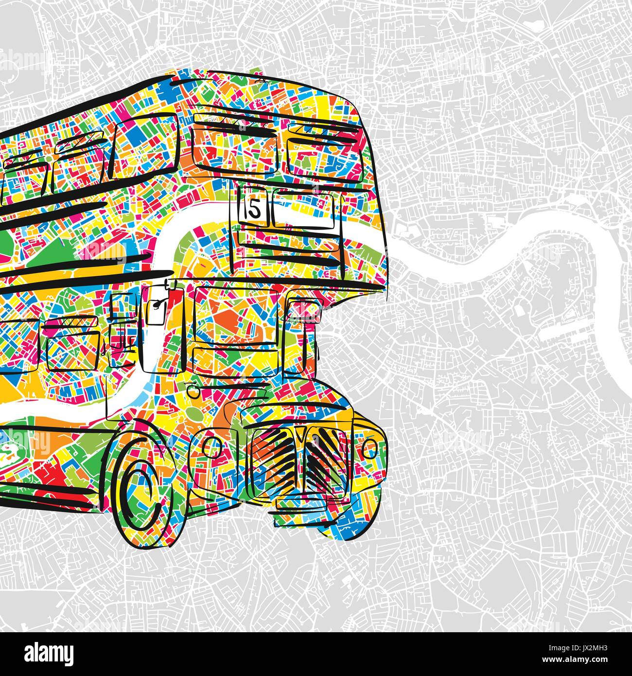 Handdrawn Londres Autobús urbano en un colorido Mapa de la ciudad, Hito de viaje hermoso icono para imprimir tarjetas de felicitación y los medios de comunicación social Ilustración del Vector