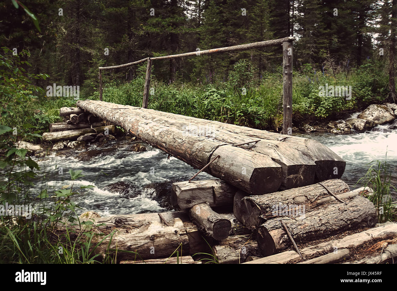 El puente de madera atraviesa el bosque río Foto de stock