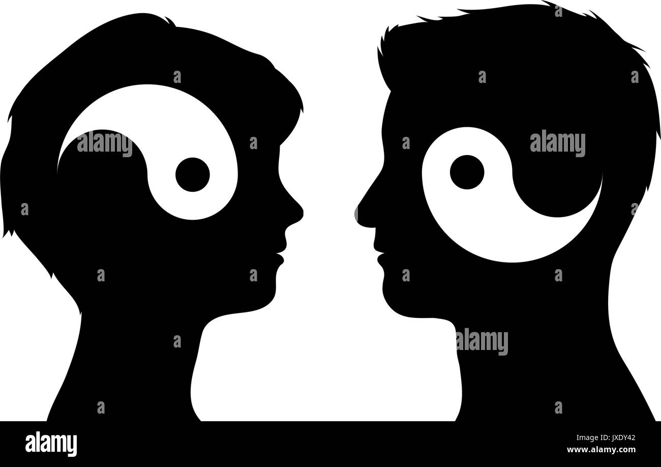 Símbolos de yin yang en el hombre y en la mujer jefe siluetas, concepto de  relación, ilustración vectorial Imagen Vector de stock - Alamy