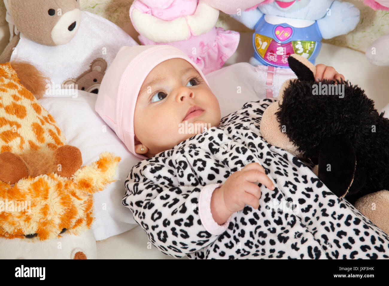 Una niña vestida de animal print rodeado por animales de peluche Foto de stock