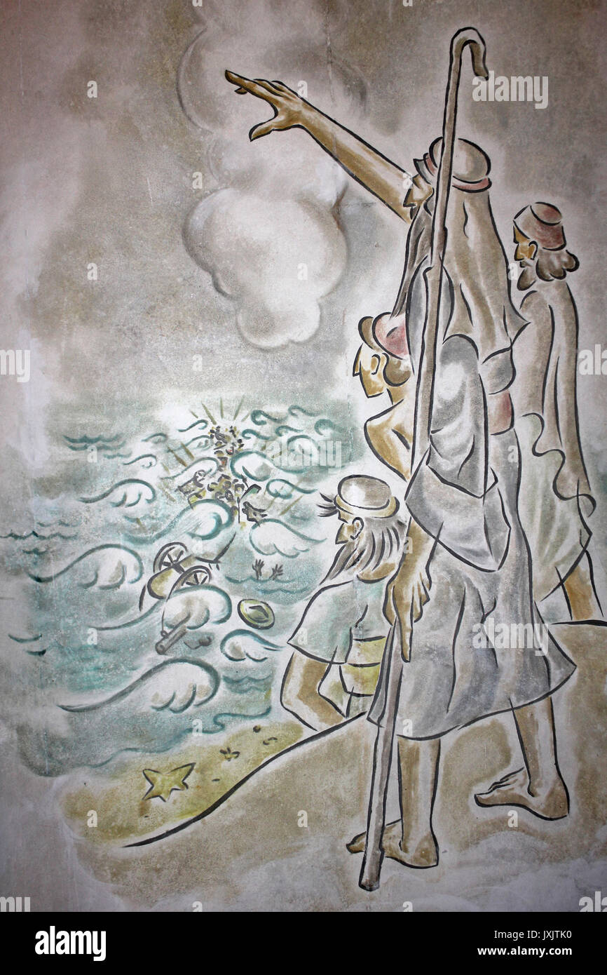 Mural moderna de Moisés partiendo del Mar Rojo. Foto de stock