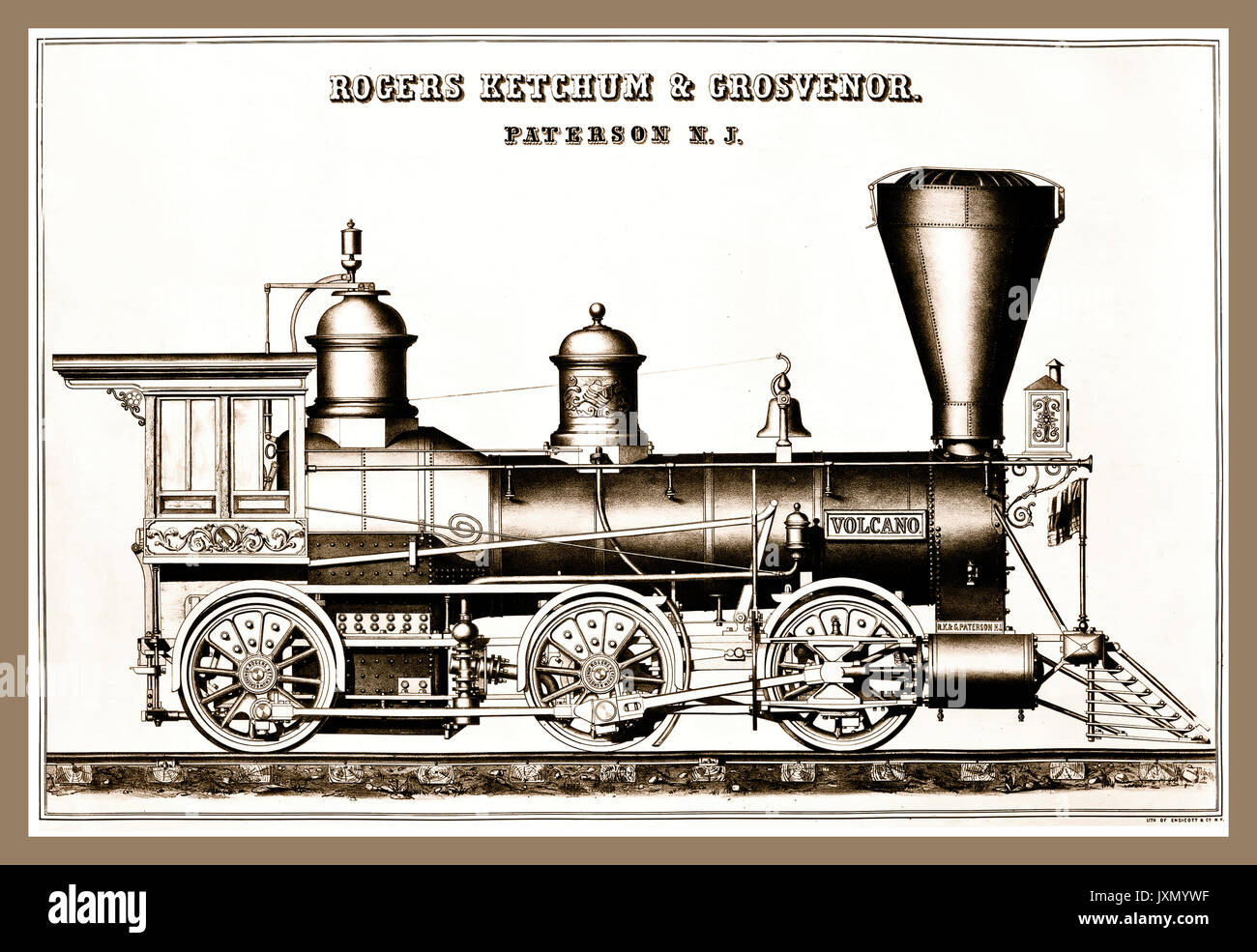 Locomotora de vapor Vintage poster ilustraciones de línea "Rogers Ketchum y Grosvenor" Vintage 'Volcán' locomotora de vapor 1870, Nueva Jersey, EE.UU Foto de stock