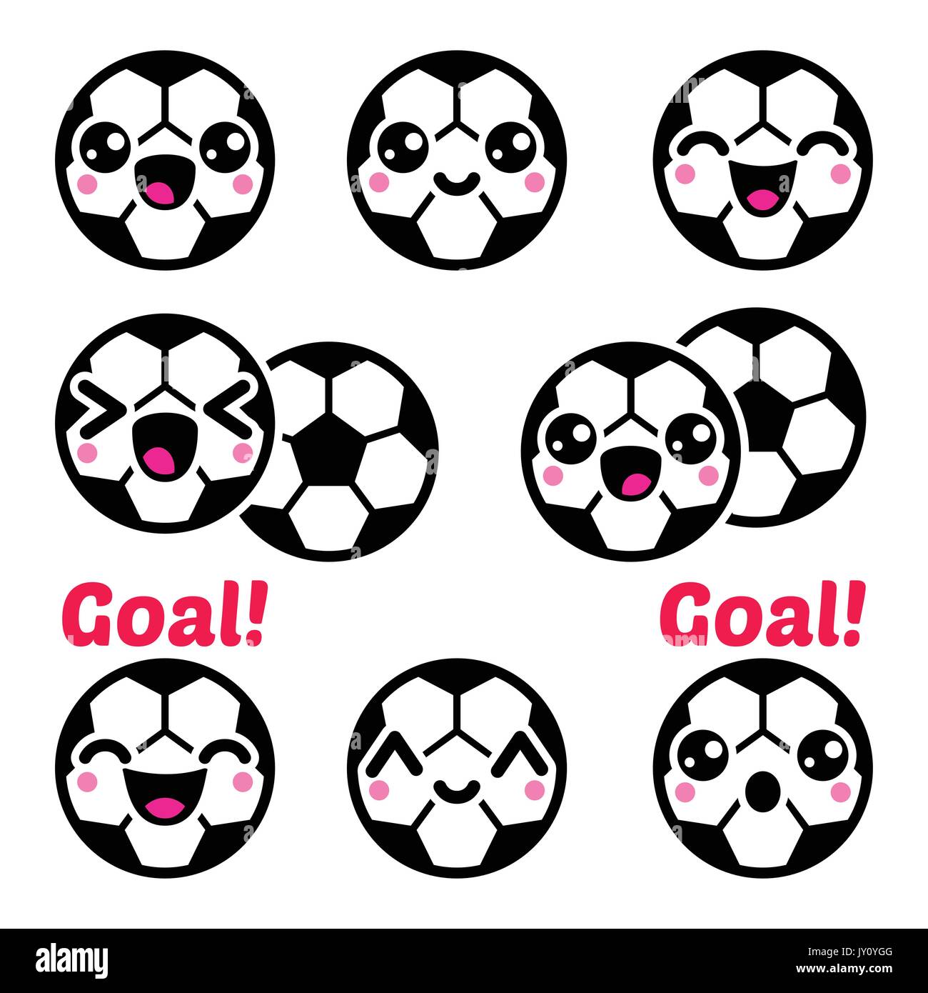 Kawaii una pelota de fútbol, fútbol iconos iconos Vector set conjunto de lindo, feliz, pelota de fútbol carácter aislado en blanco Ilustración del Vector