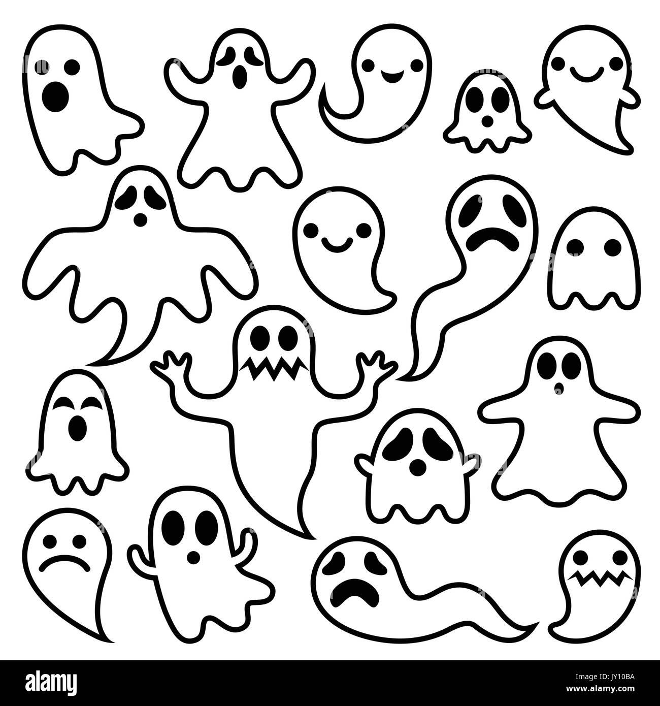 Espeluznantes fantasmas, diseño de personajes de Halloween iconos en Vector  iconos para Halloween - Dibujos animados personajes fantasma aislado en  blanco Imagen Vector de stock - Alamy