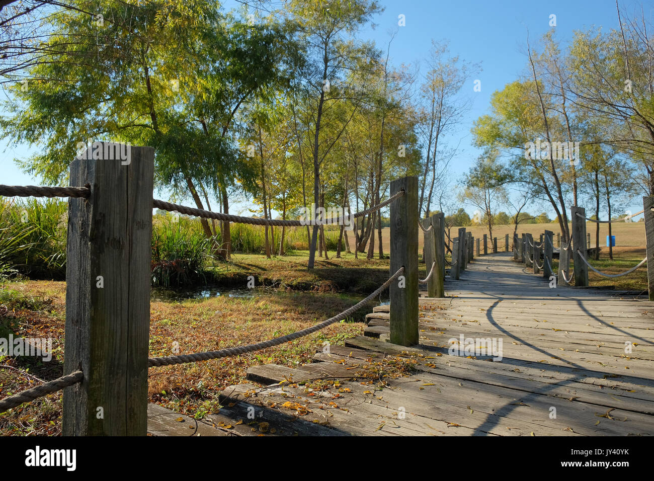 Sendero de madera en blount cultural park, Montgomery, Alabama, EE.UU. Esta pieza está hecha de madera y cruza un pequeño arroyo que lleva al lago. Foto de stock