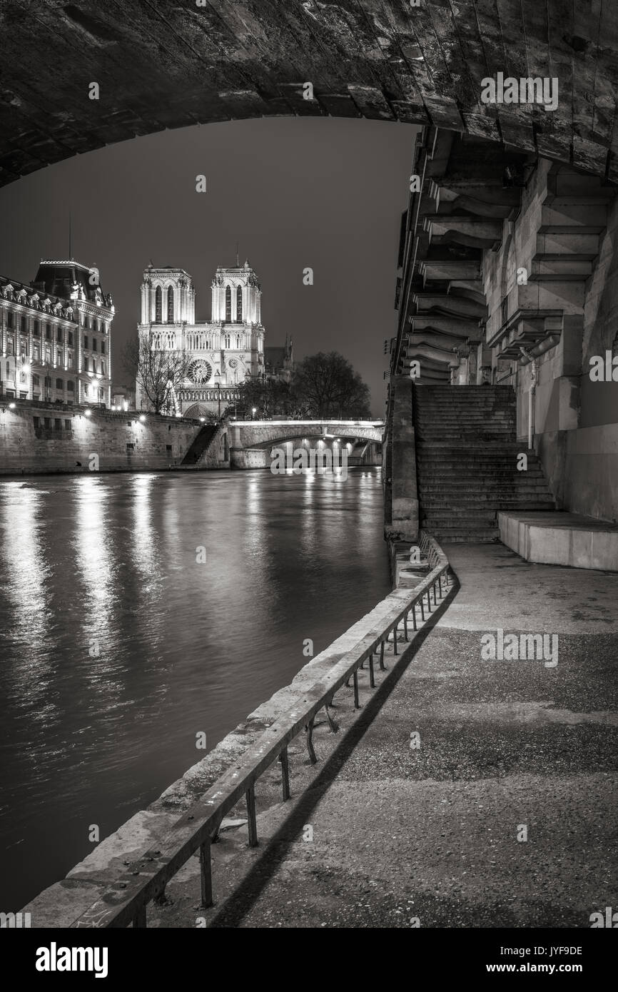 Catedral de Notre Dame de París desde el río Sena en la noche en blanco y negro. Ile de la Cité, París, Francia Foto de stock