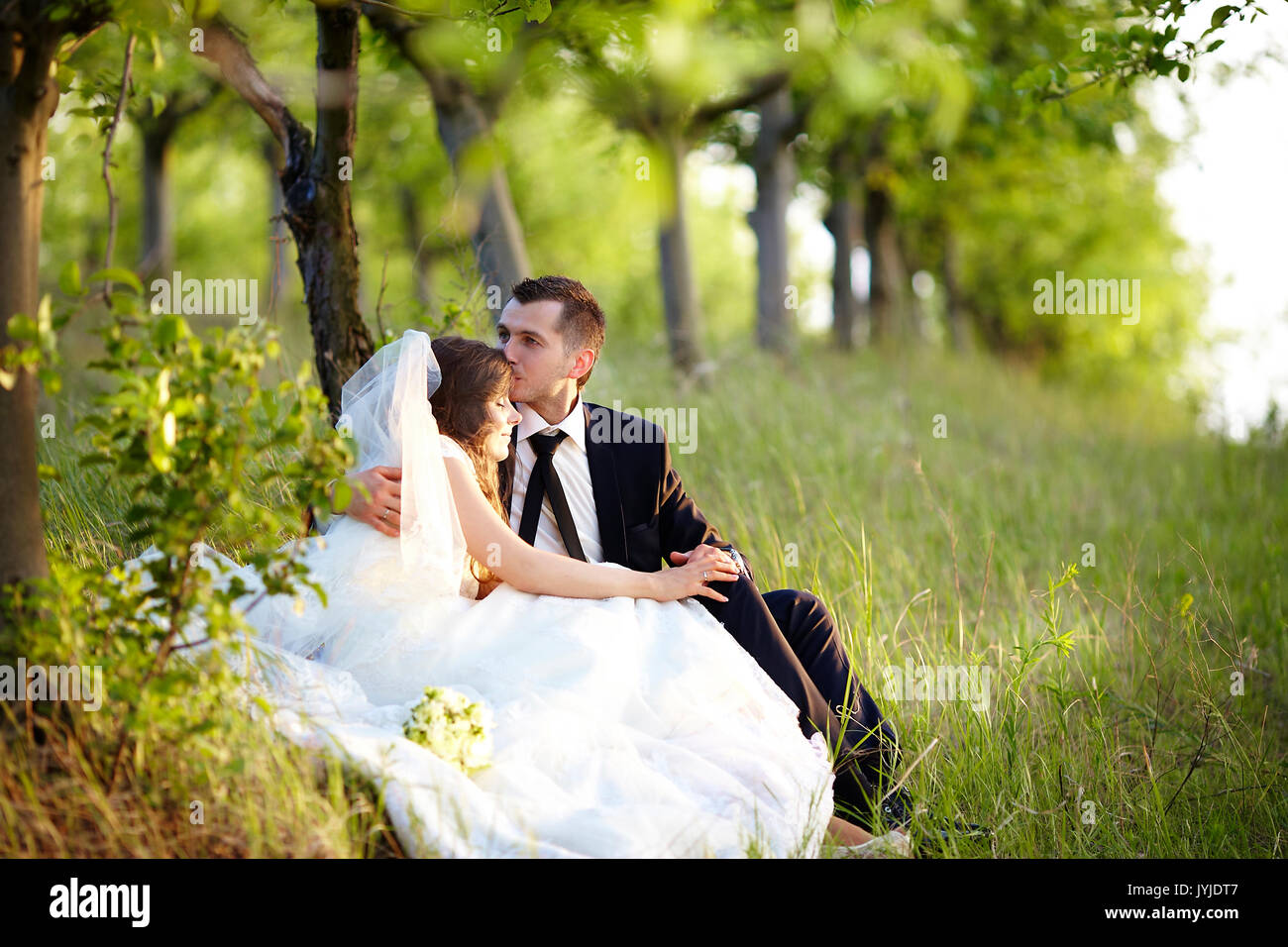 La novia y el novio abrazar en el jardín. Foto de stock