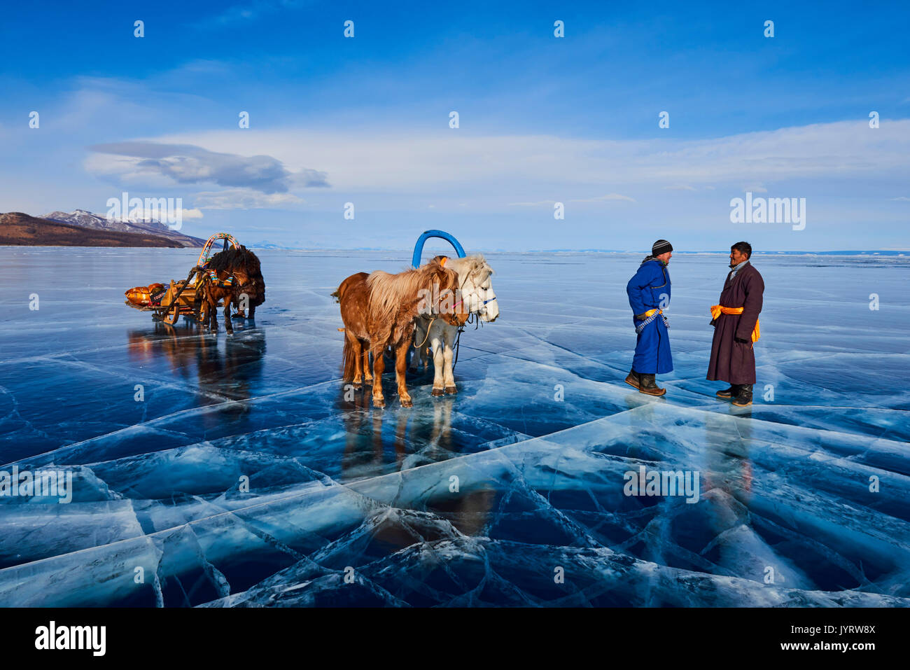 Mongolia, Khovsgol provincia, trineo de caballos en el lago congelado de Khovsgol en invierno Foto de stock