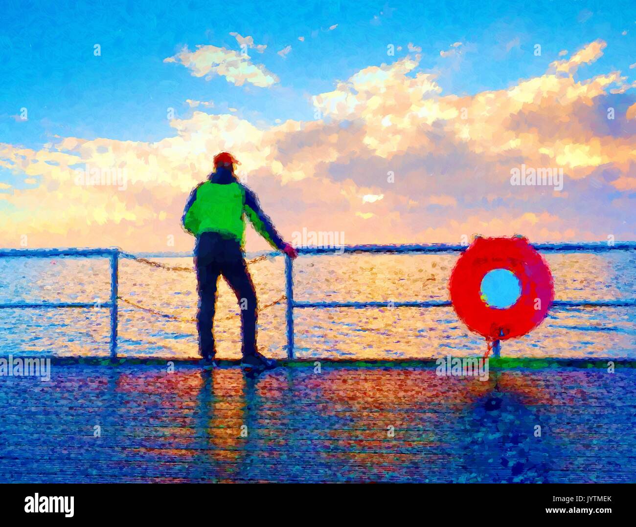 Efecto pintura acuarela. Hombre de pie en el pasamanos en la mole y mirando  hacia el mar al horizonte de mañana. Soleado cielo azul, buen nivel de agua  Fotografía de stock -