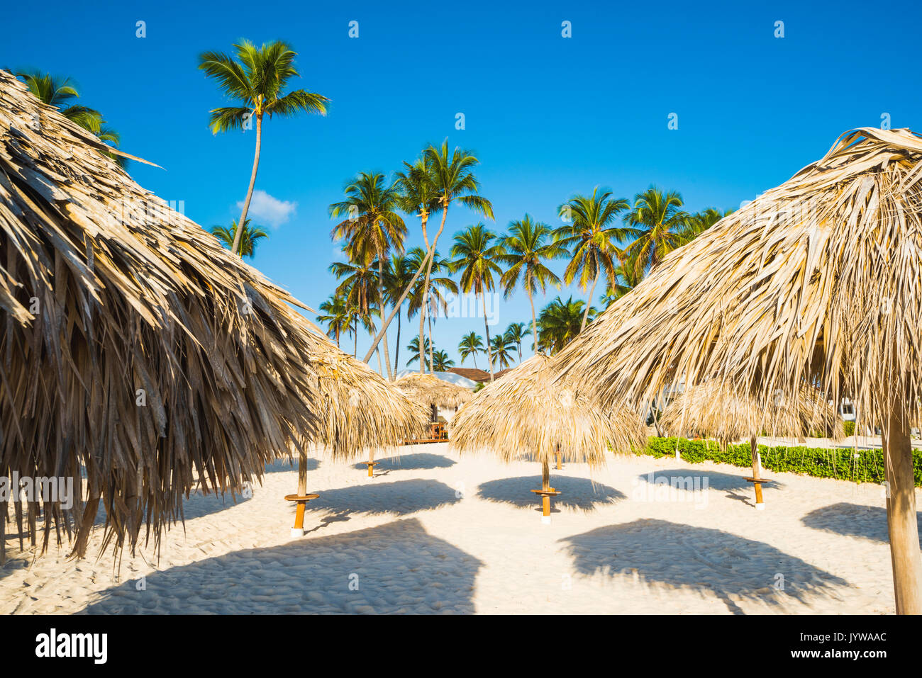 Playa Bavaro Higuey, Bávaro, Punta Cana, República Dominicana. Las sombrillas de paja. Foto de stock