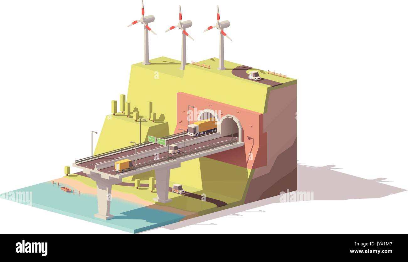 Vector poly bajo la autopista y parque eólico Ilustración del Vector