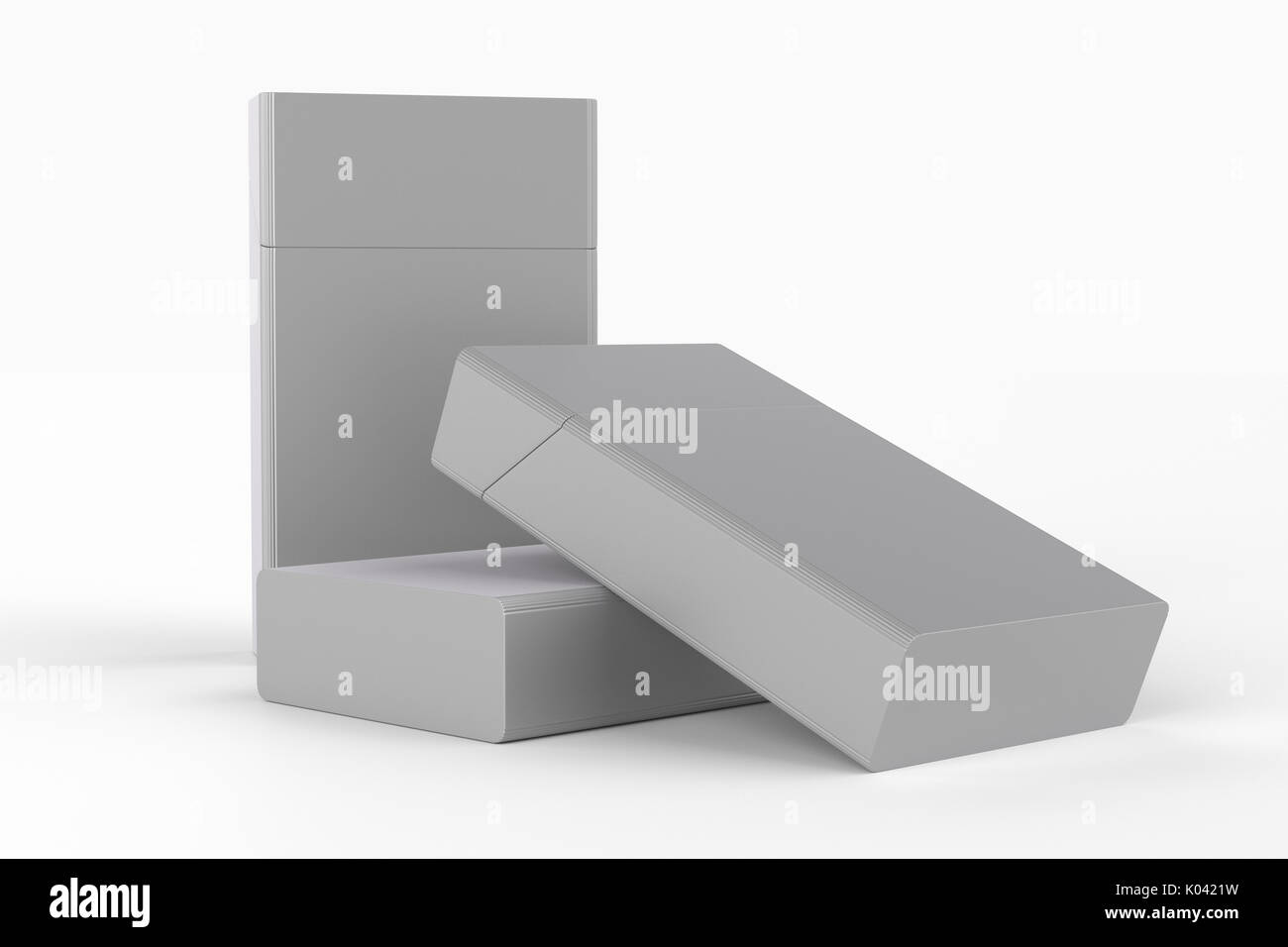 3D Render composición de tres cajas de cigarrillos redondeado de tamaño king size o paquetes sobre un fondo blanco con sombra. Trazado de recorte. Plantilla para su diseño. Foto de stock