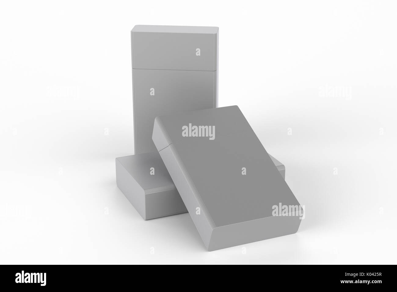 3D Render composición de tres cajas de cigarrillos redondeado de tamaño king size o paquetes sobre un fondo blanco con sombra. Trazado de recorte. Plantilla para su diseño. Foto de stock