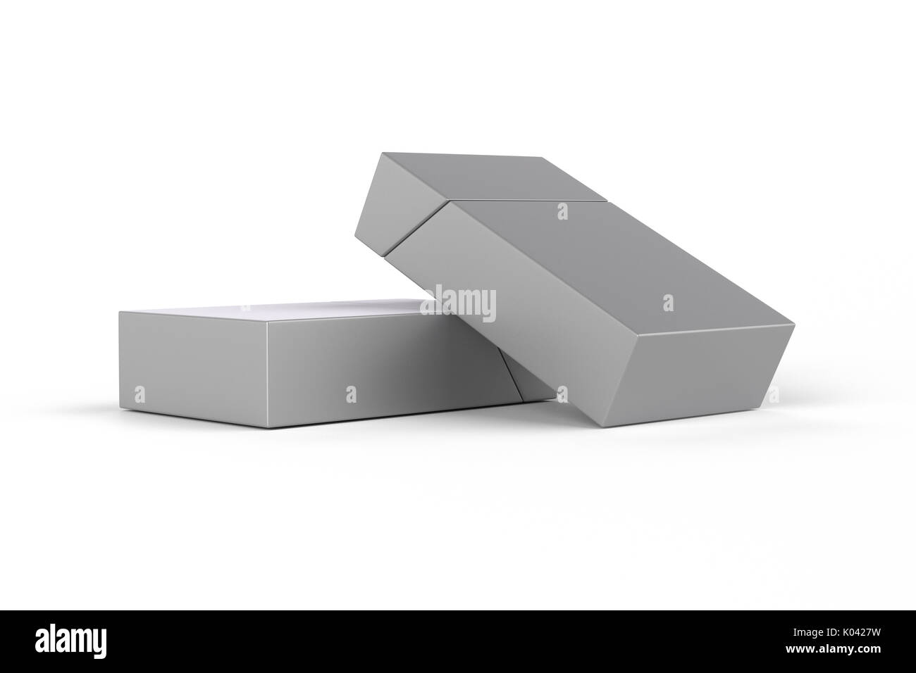 3D Render composición de dos cajas de cigarrillos king size o paquetes sobre un fondo blanco con sombra. Trazado de recorte. Plantilla para su diseño. Foto de stock
