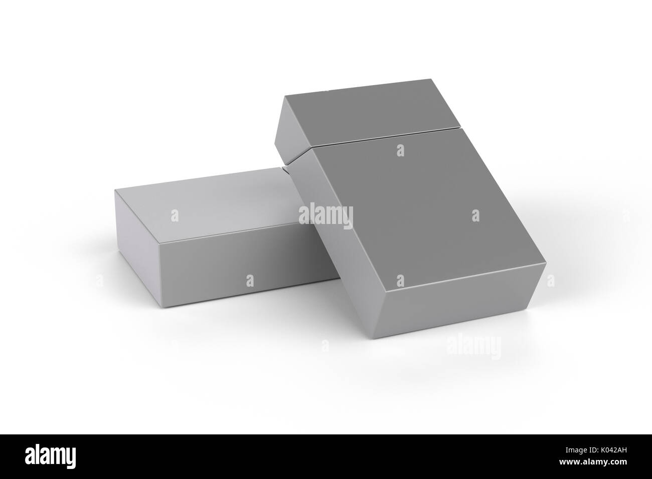 3D Render composición de dos cajas de cigarrillos king size o paquetes sobre un fondo blanco con sombra. Trazado de recorte. Plantilla para su diseño. Foto de stock