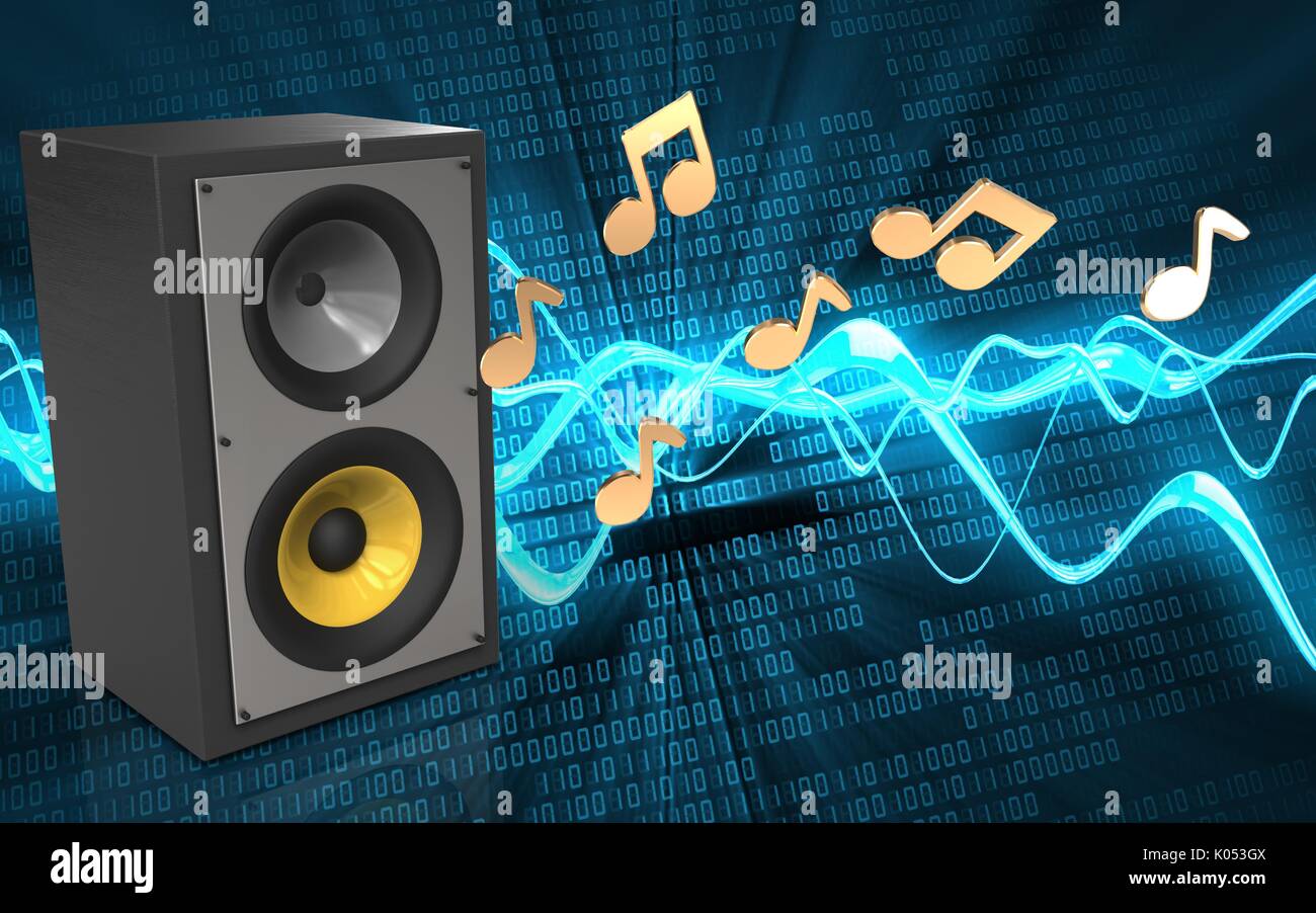 Ilustración 3d del sistema de sonido a través de ondas de sonido de