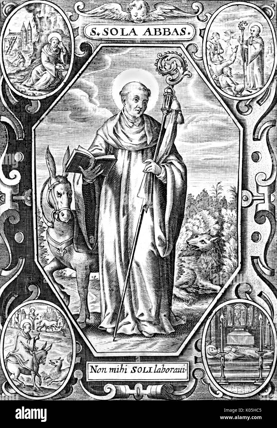 Saint sola (-794), un monje anglosajón que salieron de Inglaterra a Alemania, donde estudió en san Bonifacio. Vivió como un ermitaño, y más tarde fundó una abadía en Solnhofen, donde murió. Según la leyenda, había un notable encuentro con un lobo. Fecha: Foto de stock