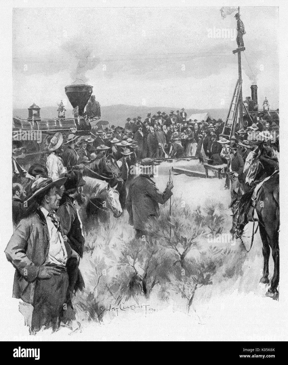 Finalización de la Union Pacific Railroad, el primer enlace ferroviario transcontinental, completado en Promontory Point, en Utah - conduciendo a casa el último spike Fecha: 10 de mayo de 1869 Foto de stock