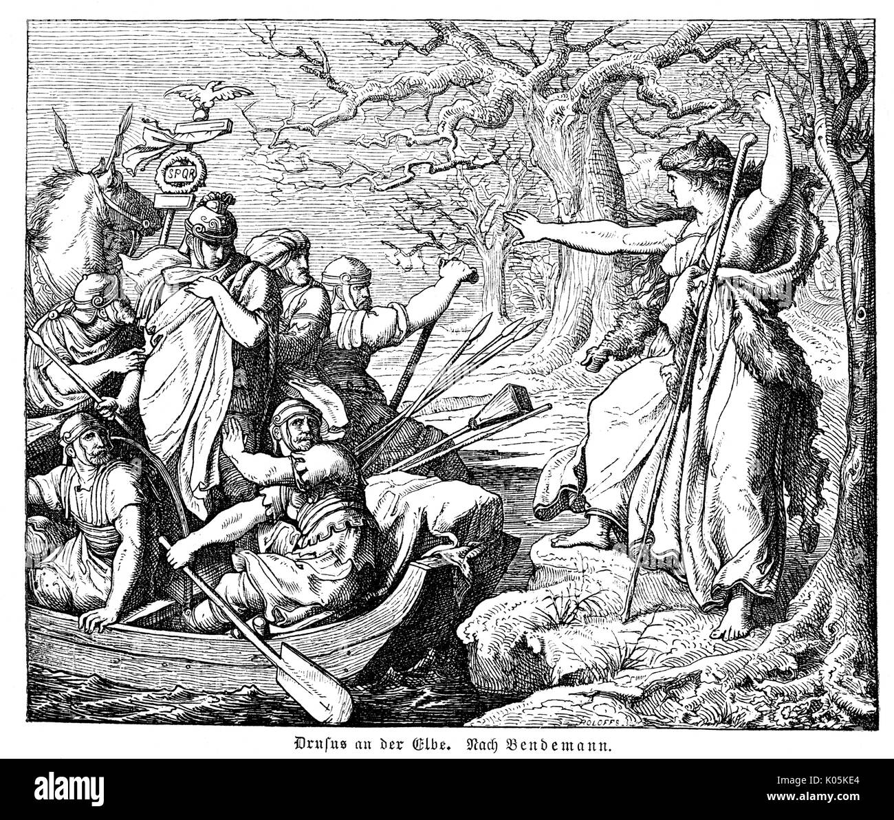 Drussus, habiendo alcanzado el Elba, está amenazado por un Alemán sacerdotisa Fecha: 9 A.C. Foto de stock