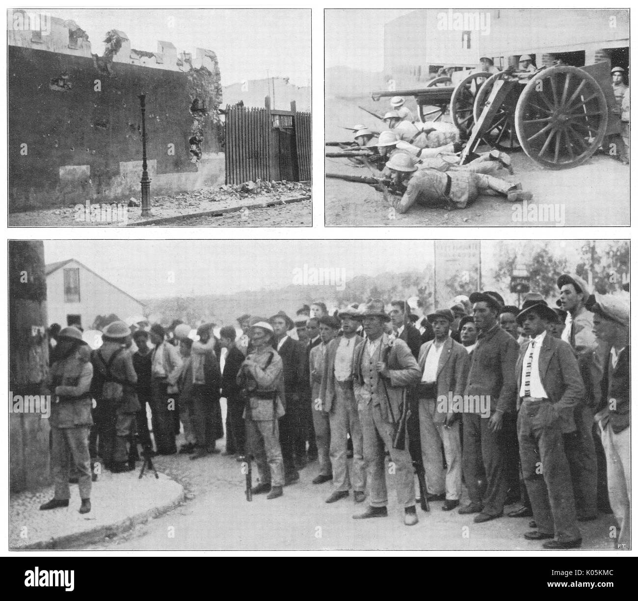 Acciones revolucionarias en Lisboa. (Parte superior izquierda) rebeldes atacan cuarteles. (Parte derecha superior), las fuerzas del gobierno de contraatacar. (Abajo) un grupo de los rebeldes. Fecha: 26 de agosto de 1931 Foto de stock