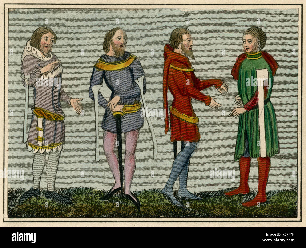 Cuatro hombres en vestidos cortos, tres con capuchas, y conectado con las tiras de tela colgando de sus brazos, aparentemente para ornamento más que cualquier propósito práctico Fecha: Siglo XIV. Foto de stock