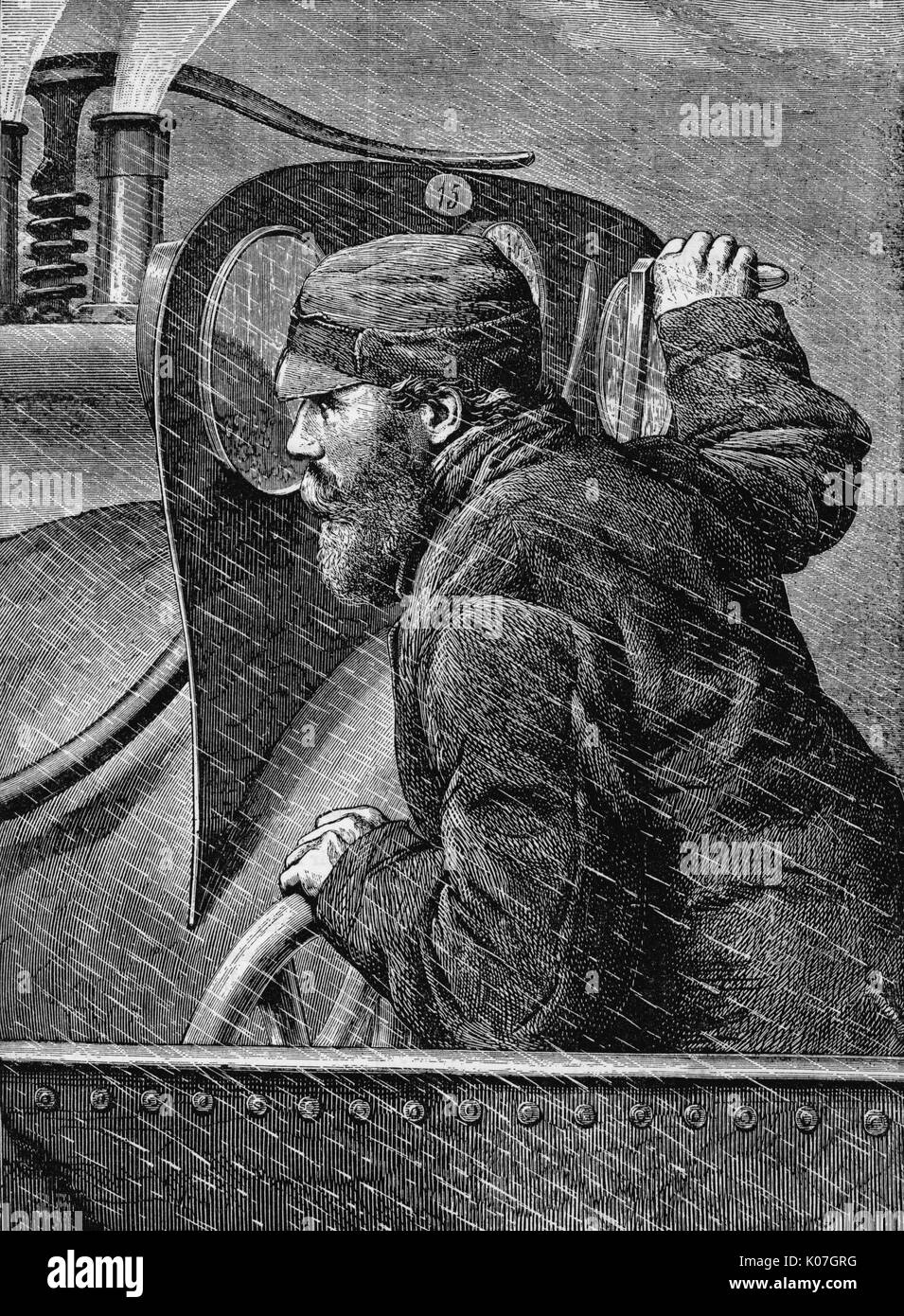 El conductor compañeros por delante de su pala abierta que sólo le da la mínima protección de la lluvia y el viento, nieve y granizo. Fecha: 1888 Foto de stock