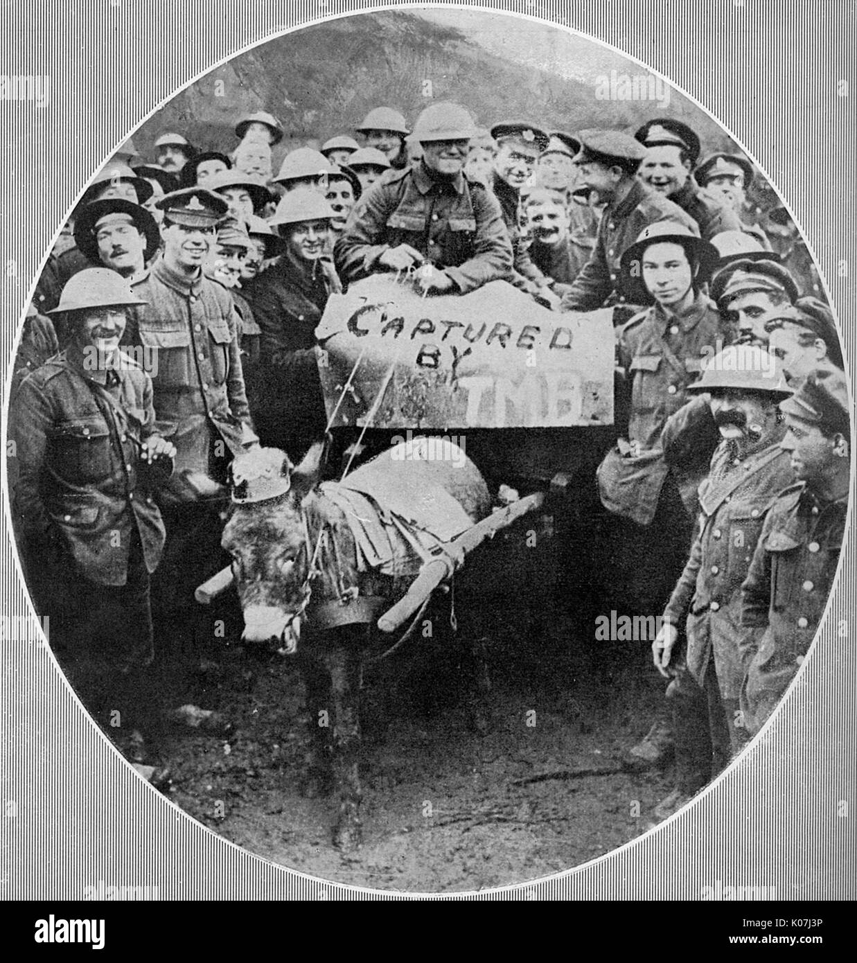 Una captura de burro, luciendo un pickelhaube, desfilaron alegremente por algunos soldados británicos durante la Primera Guerra Mundial. 1917 Foto de stock