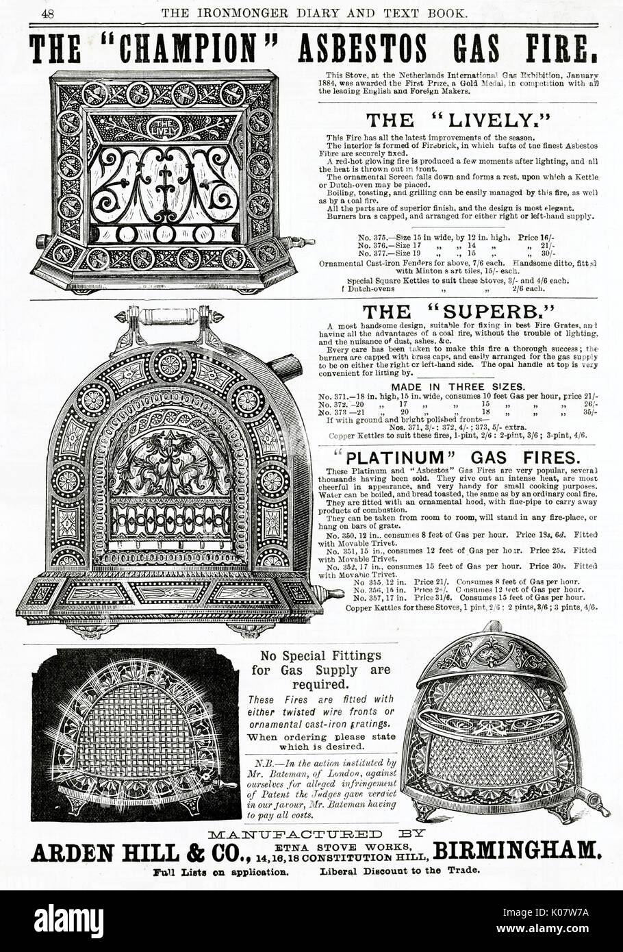 Anuncio de incendios de gas de Arden Hill's & Co 1884 Foto de stock