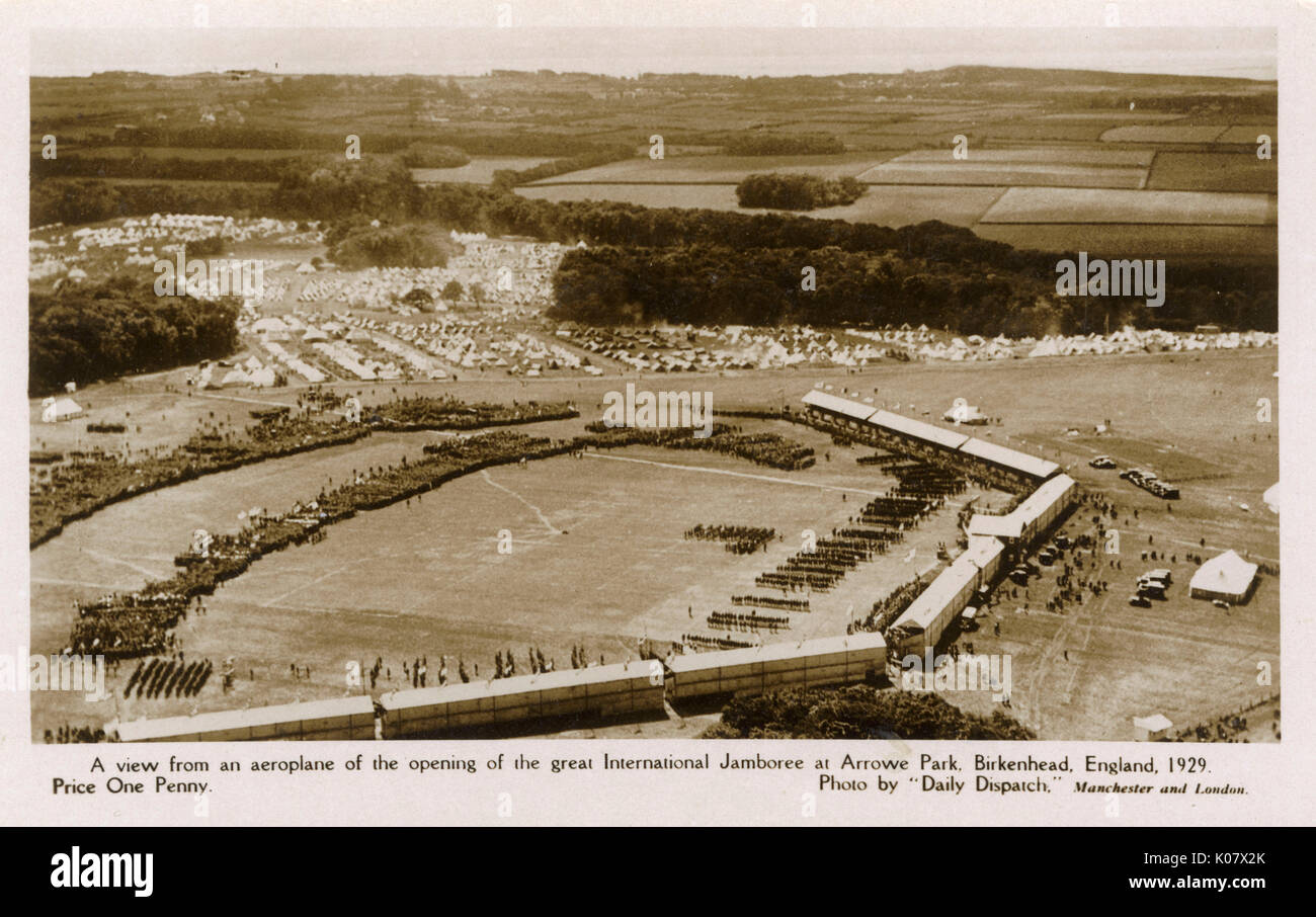 El escultismo - vista aérea de la Gran Jamboree internacional, Arrowe Park, Birkenhead, Inglaterra Fecha: 1929 Foto de stock