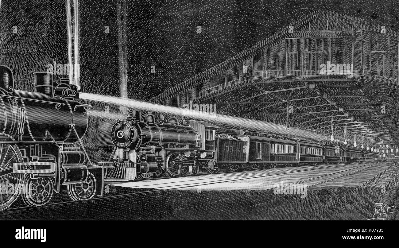 Encuentro de dos locomotoras trenes equipados con linternas eléctricas. Fecha: 1903 Foto de stock