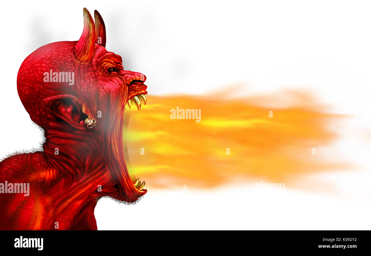 Demon llama de fuego sobre un fondo blanco como un miedo espeluznante bestia satánica cornuda rojo monstruo exhala llamas abiertas como Halloween. Foto de stock