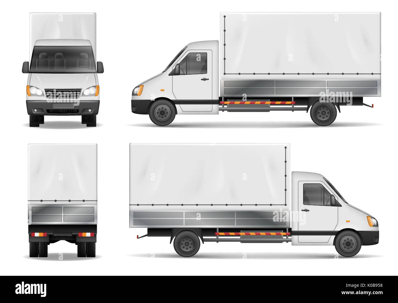 Camión semi aislado en blanco. Camión de carga comercial. Camión de entrega plantilla vectorial desde el lado, espalda, vista delantera. Ilustración del Vector