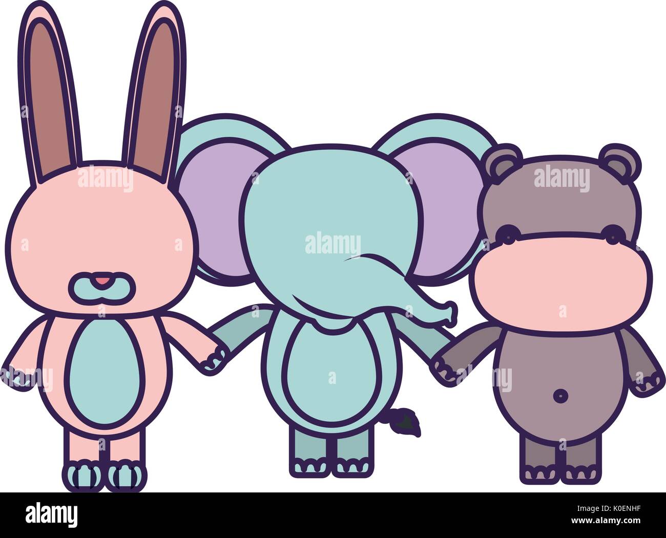 Fondo blanco con luz de color sin rostro caricatura conejo y elefante hipopótamo animales tomados de las manos Ilustración del Vector