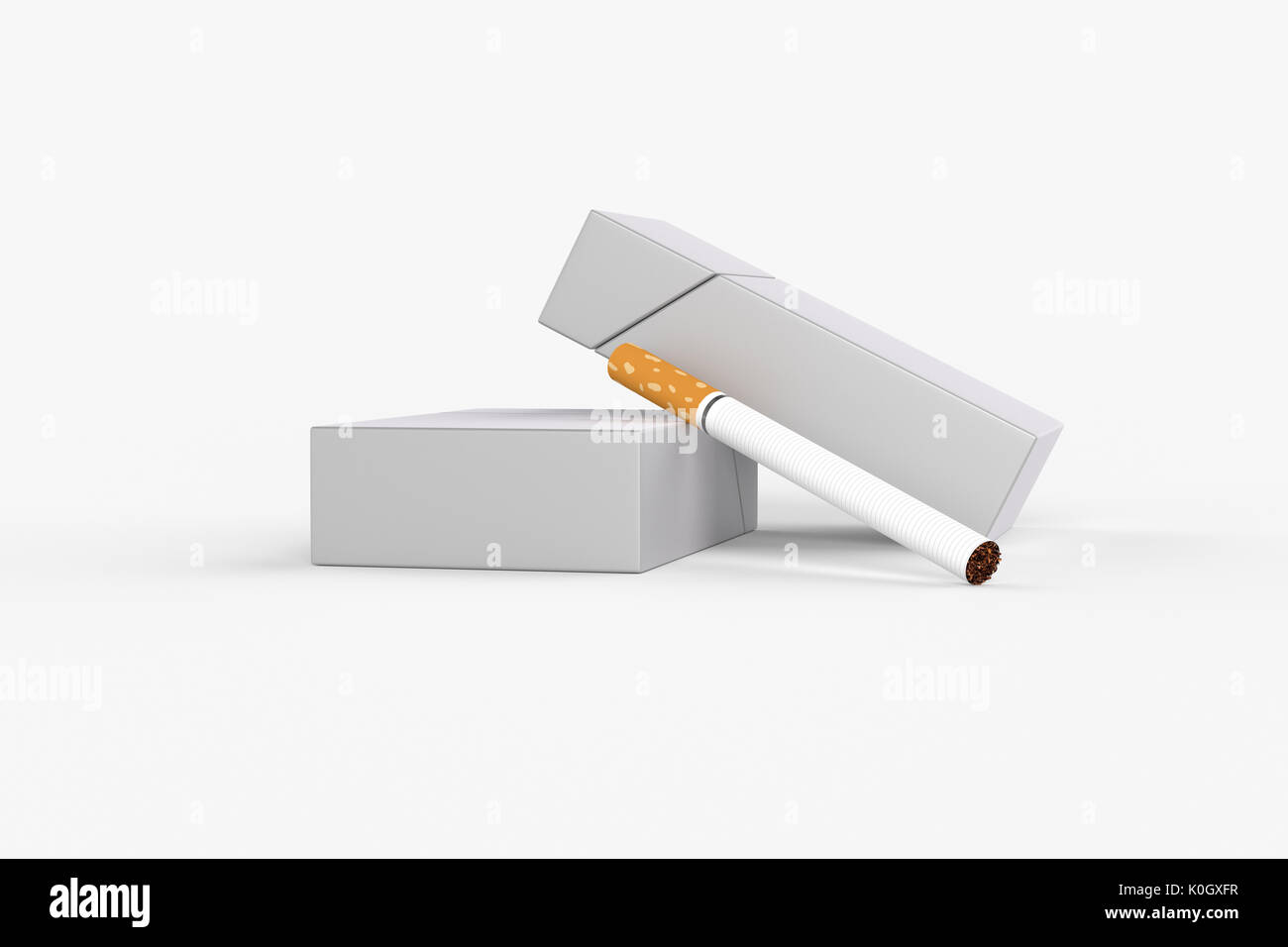 3D Render composición de dos cajas de cigarrillos king size o paquetes de cigarrillos con sobre un fondo blanco con sombra. Plantilla para su diseño. Foto de stock