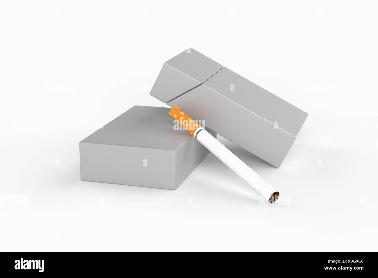 3D Render composición de dos cajas de cigarrillos king size o paquetes de cigarrillos con sobre un fondo blanco con sombra. Plantilla para su diseño. Foto de stock
