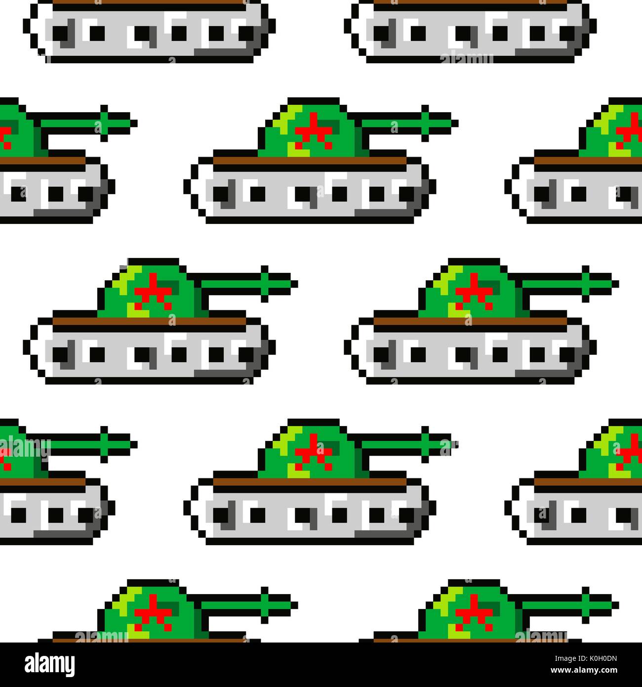 El arte del pixel objetos vectoriales para crear moda patrón sin fisuras. Fondo con tanques para chicos. moda 80S-90s style, juego de ordenador Ilustración del Vector
