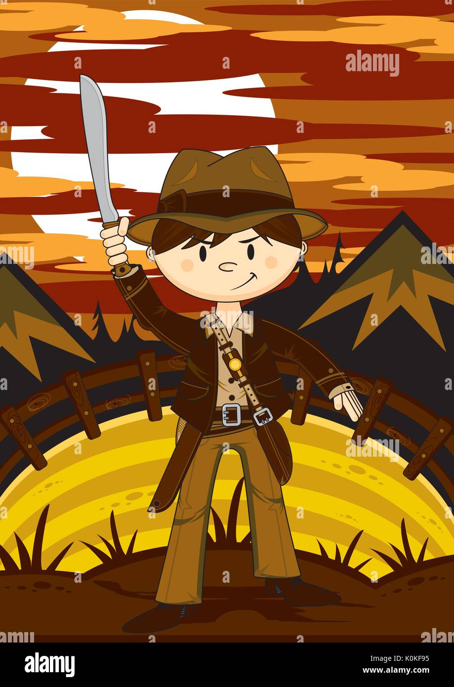 Explorador de dibujos animados lindo personaje con machete ilustración