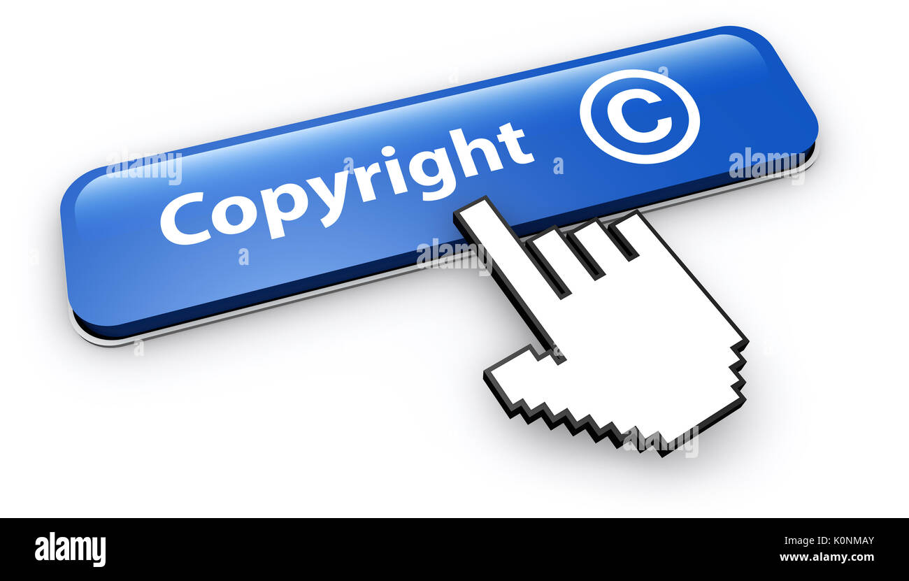 Símbolo de copyright y el icono concepto con el cursor de mano al hacer clic en un botón web azul 3D ilustración sobre fondo blanco. Foto de stock