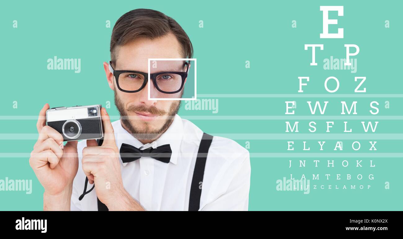 Compuesta Digital de hombre con ojo enfocar detalles cuadro sobre gafas y  líneas de interfaz de pruebas oculares Fotografía de stock - Alamy