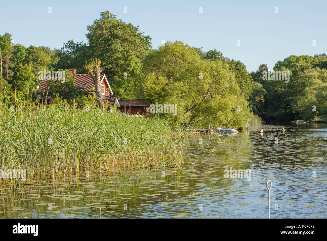Paisaje nórdico con una casa en la orilla del lago, en el lago Malaren Suecia Foto de stock