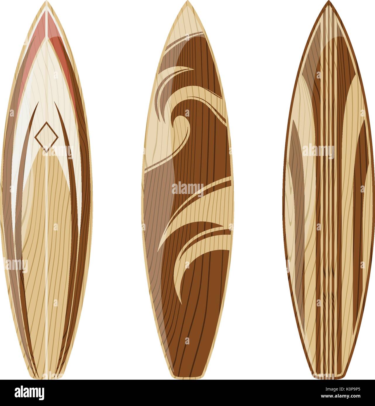 Las tablas de surf de madera aislado sobre fondo blanco, formato vectorial muy fácil de editar, sin degradados, sólo colores sólidos Ilustración del Vector