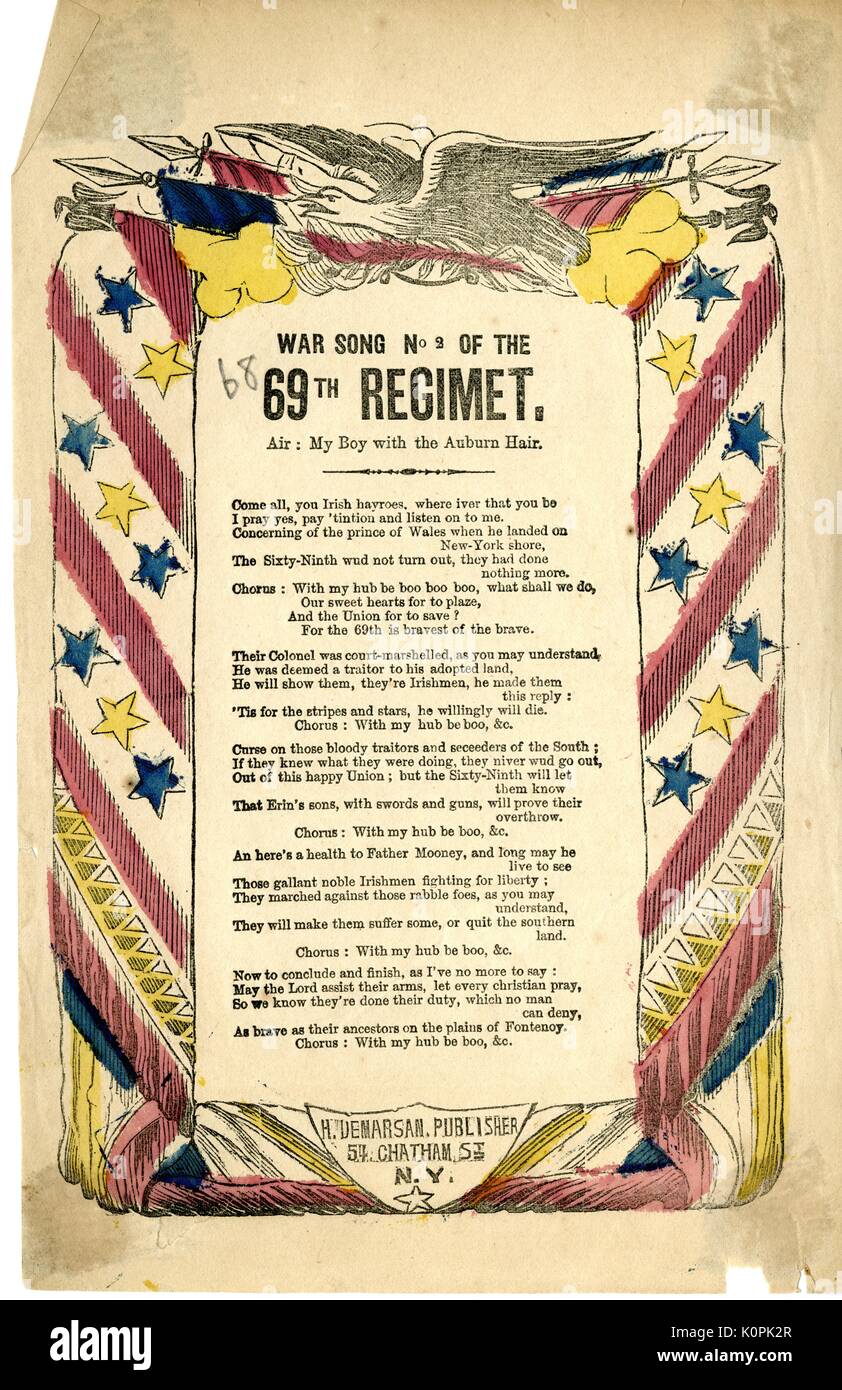 Atacando desde la Guerra Civil Americana, titulado "Canción de guerra nº 2 de la 69ª Regimet (sic), ' reunir apoyo para el 69º Regimiento de Infantería de Nueva York, los hombres de la Brigada irlandesa luchando por la Unión Europea, Nueva York, Nueva York, 1863. Foto de stock