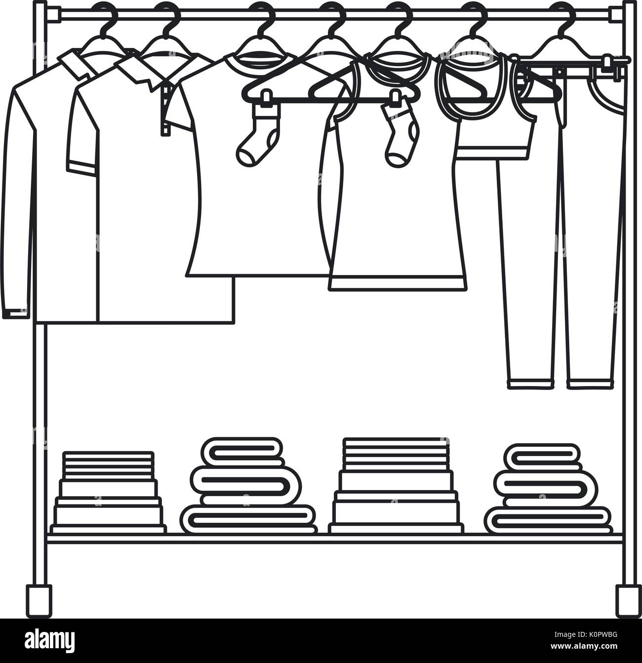 Silueta monocroma de perchero con camisetas y pantalones en perchas y dobla  la ropa en la parte inferior Imagen Vector de stock - Alamy