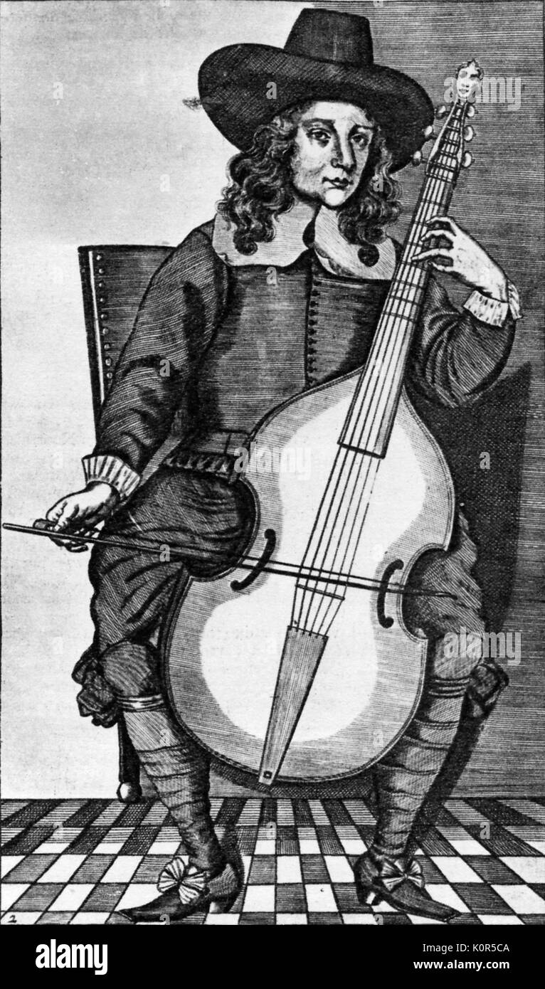 Christopher Simpson - virtuoso de la viola da gamba, dibujo ilustra el método de la celebración de la viola da gamba en titlepage de Division-Violist publicado en Londres 1659. Simpson 1610-1669 Foto de stock