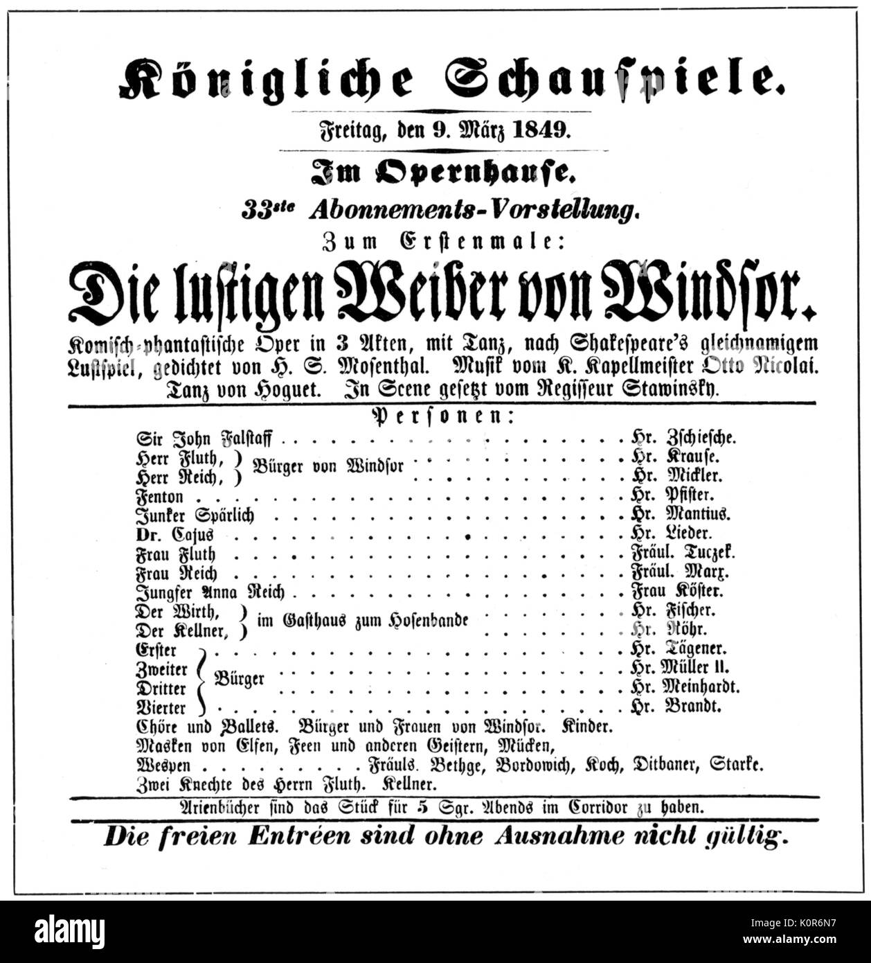 Otto Nicolai - Las alegres comadres de Windsor (Die lustigen Weiber von Windsor) anuncio de estreno en la Ópera Estatal de Berlín, 9 de marzo de 1849. Murió 2 meses después de esta producción. En: compositor y director de orquesta alemán, el 9 de junio de 1810 - 11 de mayo de 1849. Foto de stock