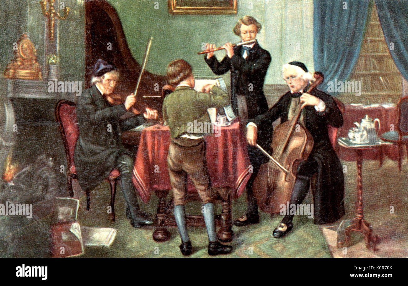Cuarteto de flauta de comienzos del siglo XIX; pintura romántica temprana. Flauta, violín, viola, violonchelo. Foto de stock