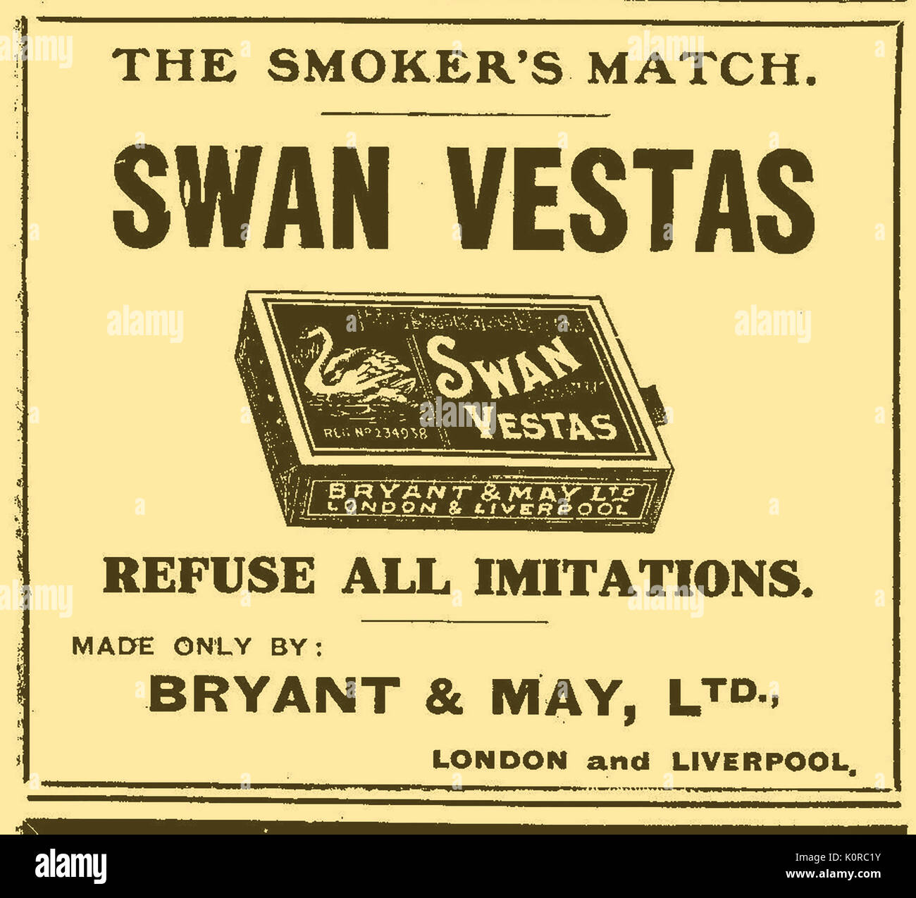 Un anuncio para el cisne 1916 Vestas fumadores coincide -Bryant & May Ltd, de Londres y Liverpool Foto de stock