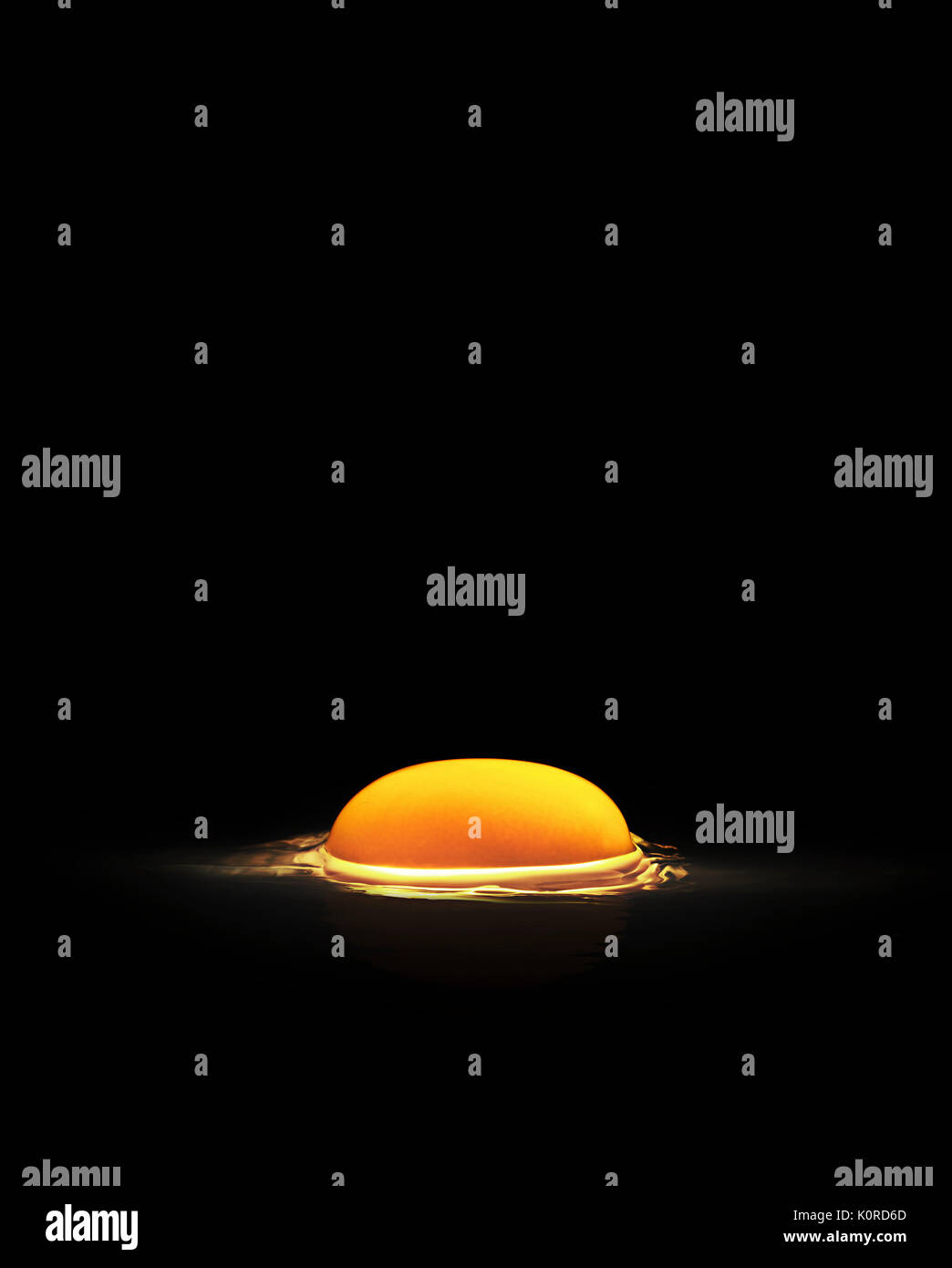 Yema de huevo crudo y albúmina en la superficie negra iluminado desde abajo Foto de stock