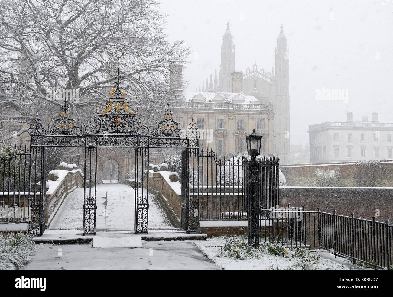 Clare College y el King's College de Cambridge en la nieve. Nieve Foto de stock