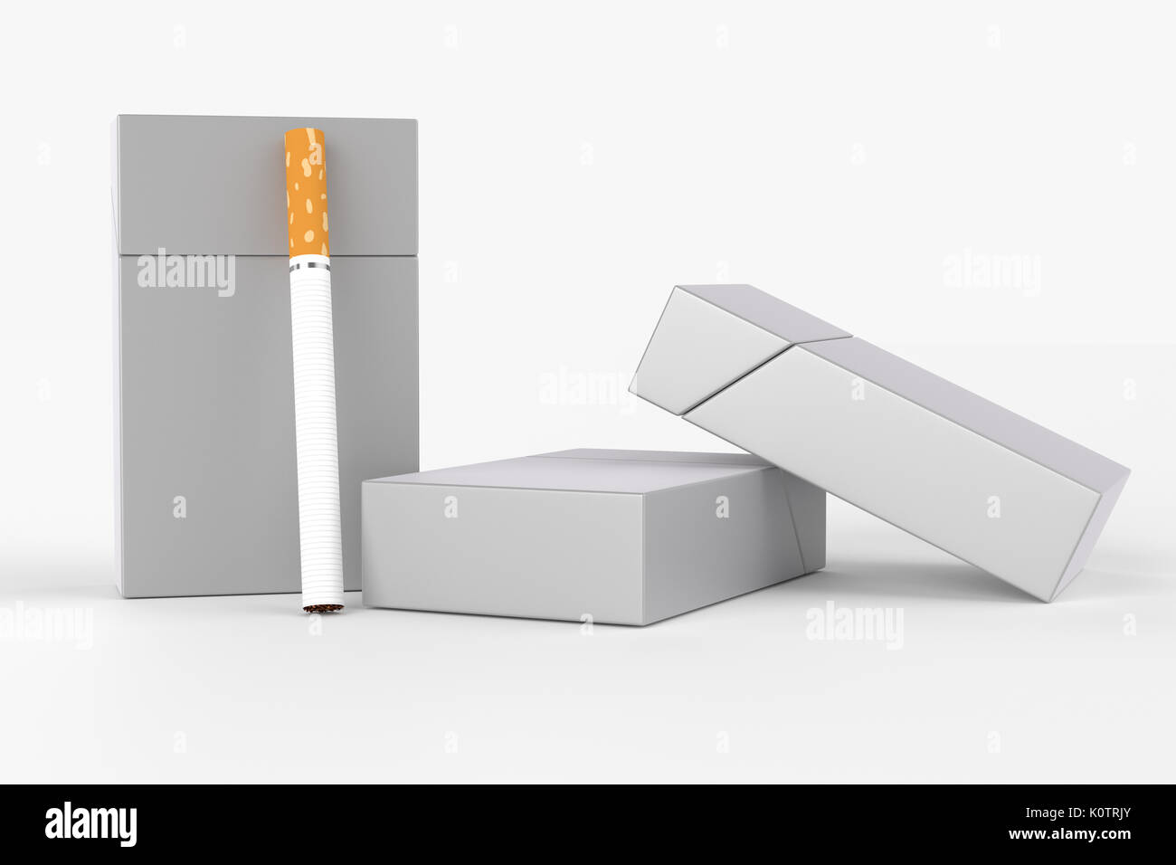 3D Render composición de tres cajas de cigarrillos king size o paquetes de cigarrillos con sobre un fondo blanco con sombra. Plantilla para su diseño. Foto de stock